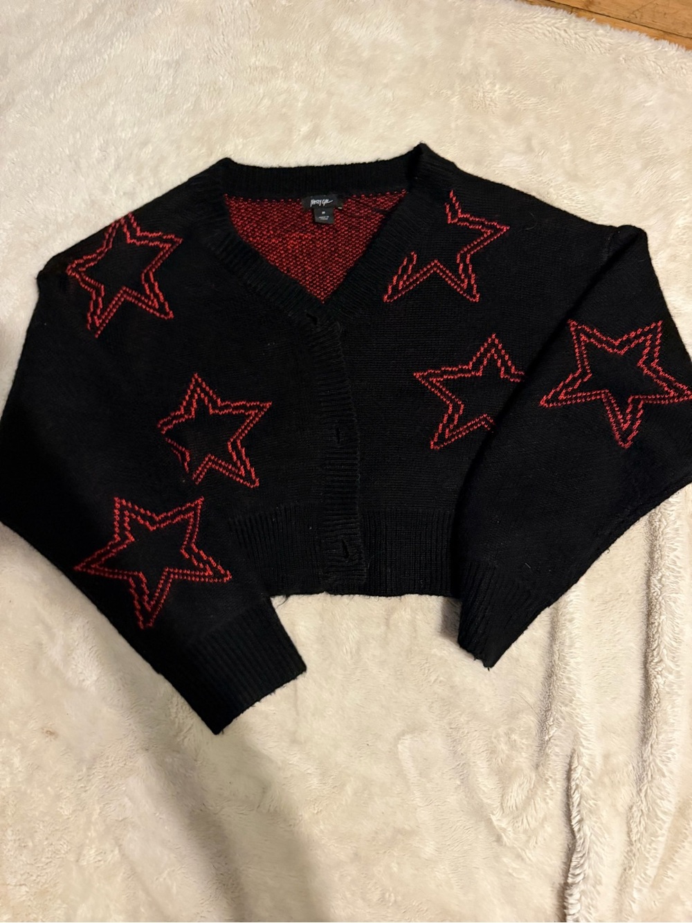 Black Cropped Star-Accent Sweater with Pink Stitching